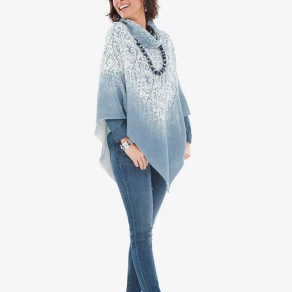 NEW! CHICO'S Denim PAISLEY PONCHO OSFA - Picture 2 of 4